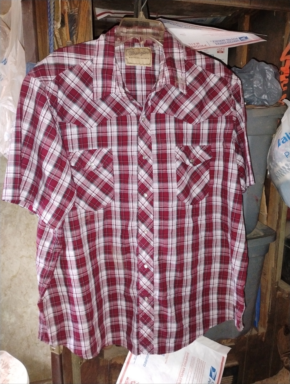 Wrangler Western Shirts Burgundy Plaid Pearl Snap Button Down Short Sleeve 2XL